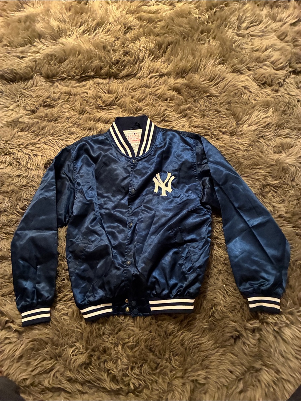 Yankees Genuine Merchandise Navy Satin Kids Bomber Jacket with White Trim
